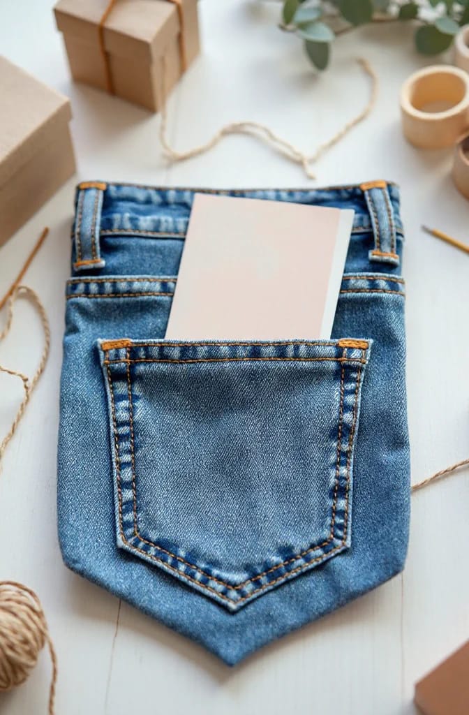 Jean Pocket Gift Card Holder Idea A blue denim back pocket gift card holder with the jeans leg still attached, holding a blank card on a white tabletop.
