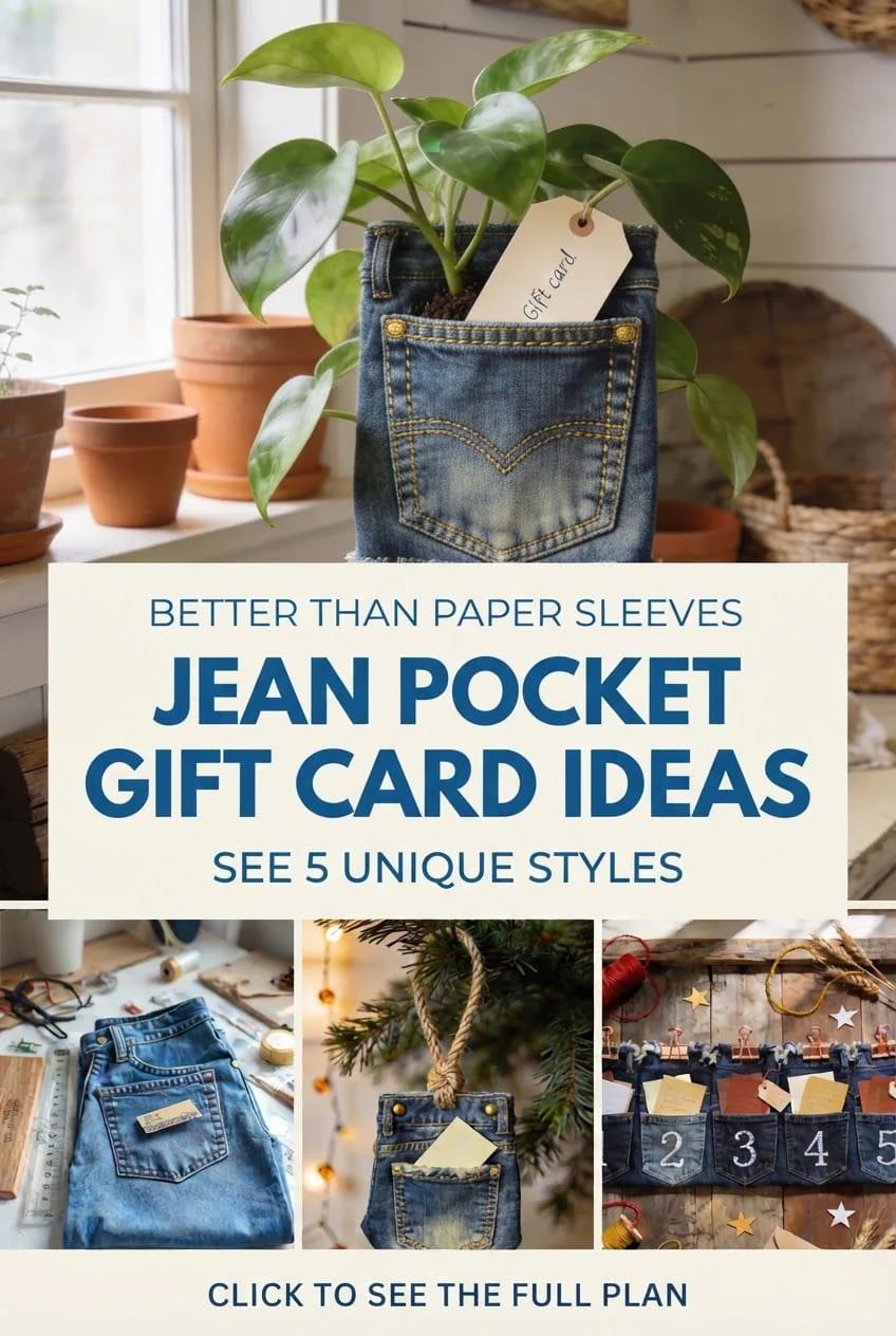 Jean Pocket Gift Card Holder Ideas Graphic featuring a denim jean pocket used as a gift card holder with a white gift card tag, surrounded by green houseplants, plus smaller images showing additional jean pocket gift card holder designs.