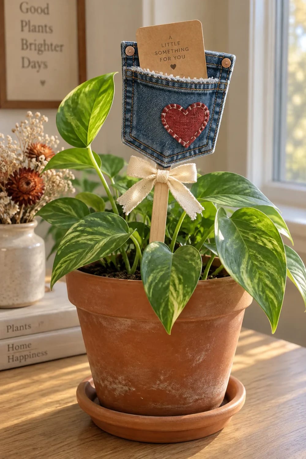 Jean Pocket Gift Card Holder In A Plant A denim jean pocket with a red heart embellishment and gift card sits on a wooden stake in a terracotta pot holding a leafy plant, illustrating a jean pocket gift card holder idea