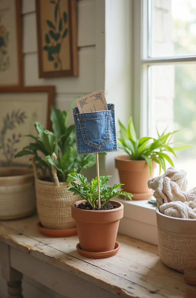 Jean Pocket Gift Card Holder In Plant Pot A blue jean pocket attached to a wooden stake holds a gift card and stands in a small potted plant, illustrating a creative jean pocket gift card holder idea.