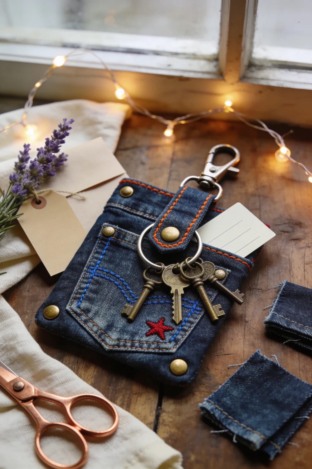 Jean Pocket Gift Card Holder Keyring Pouch A small denim keyring pouch with orange stitching, brass snaps, a metal clasp, keys, and a white card on a wooden table beside fabric scraps, scissors, lavender, and string lights; an idea for a jean pocket gift card holder.