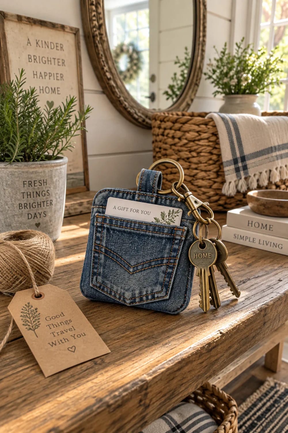 Jean Pocket Gift Card Holder Keyring Denim jean pocket pouch with a gift card tucked inside, attached to a keyring with keys on a rustic wooden table