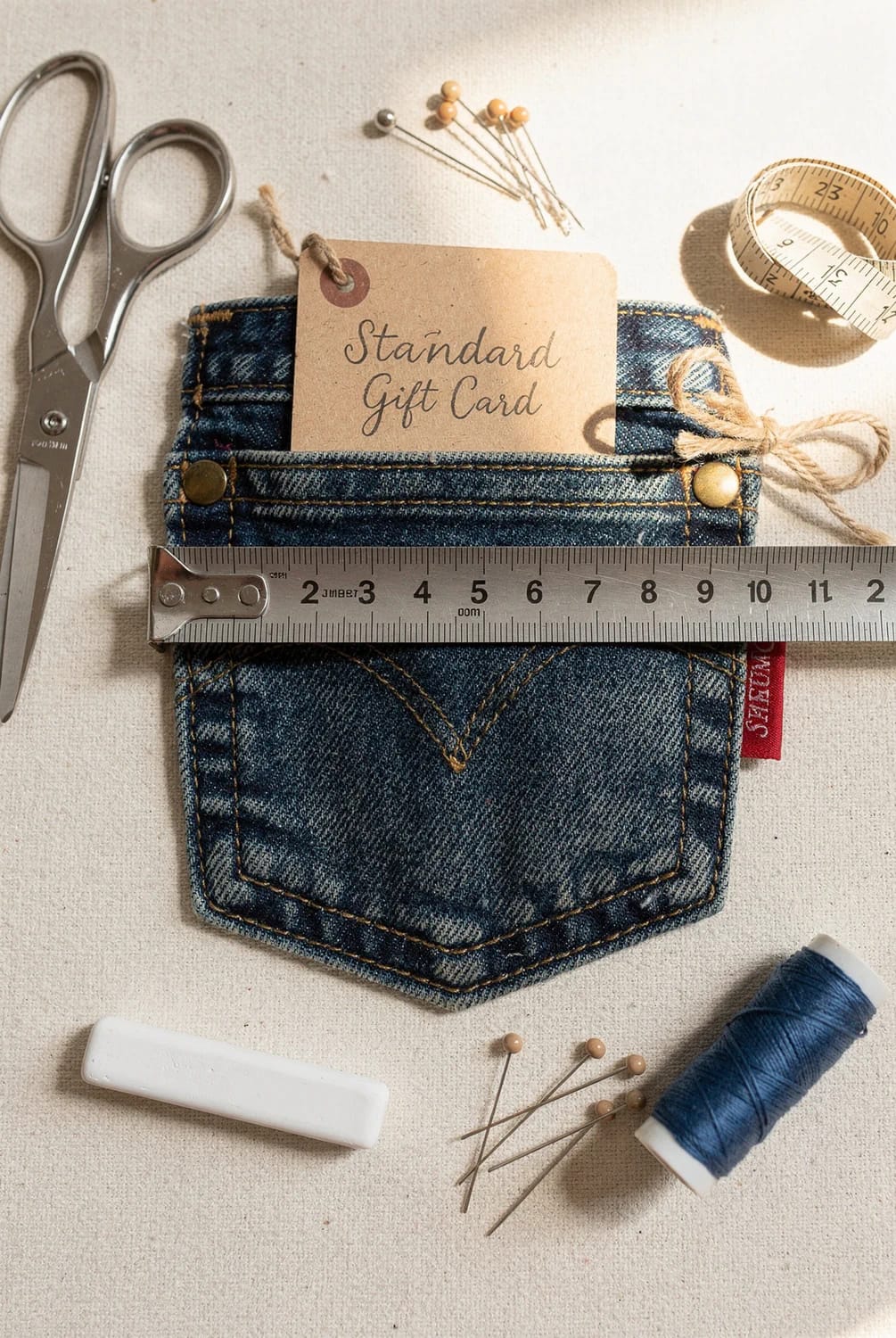 Jean Pocket Gift Card Holder Measurement A denim jean pocket holds a standard gift card while a metal ruler measures its width, surrounded by scissors, pins, thread, chalk, and a measuring tape.