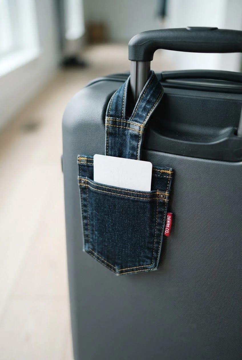 Jean Pocket Gift Card Holder On Luggage A denim jean pocket gift card holder with a belt loop strap hangs from a suitcase handle, with a white card visible inside.