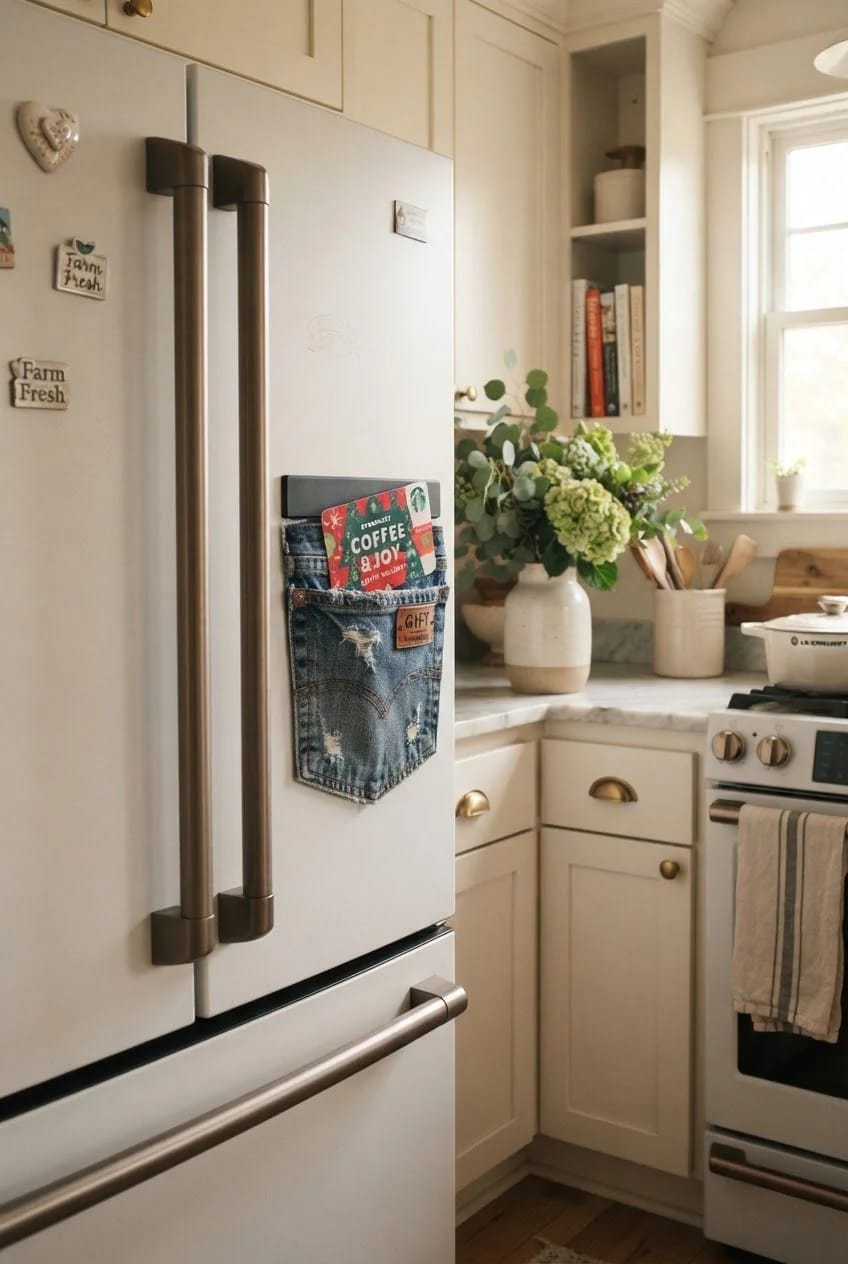 Jean Pocket Gift Card Holder On Refrigerator A denim jean pocket gift card holder is attached to a refrigerator door, displaying a coffee-themed gift card and illustrating a magnet-backed storage idea.