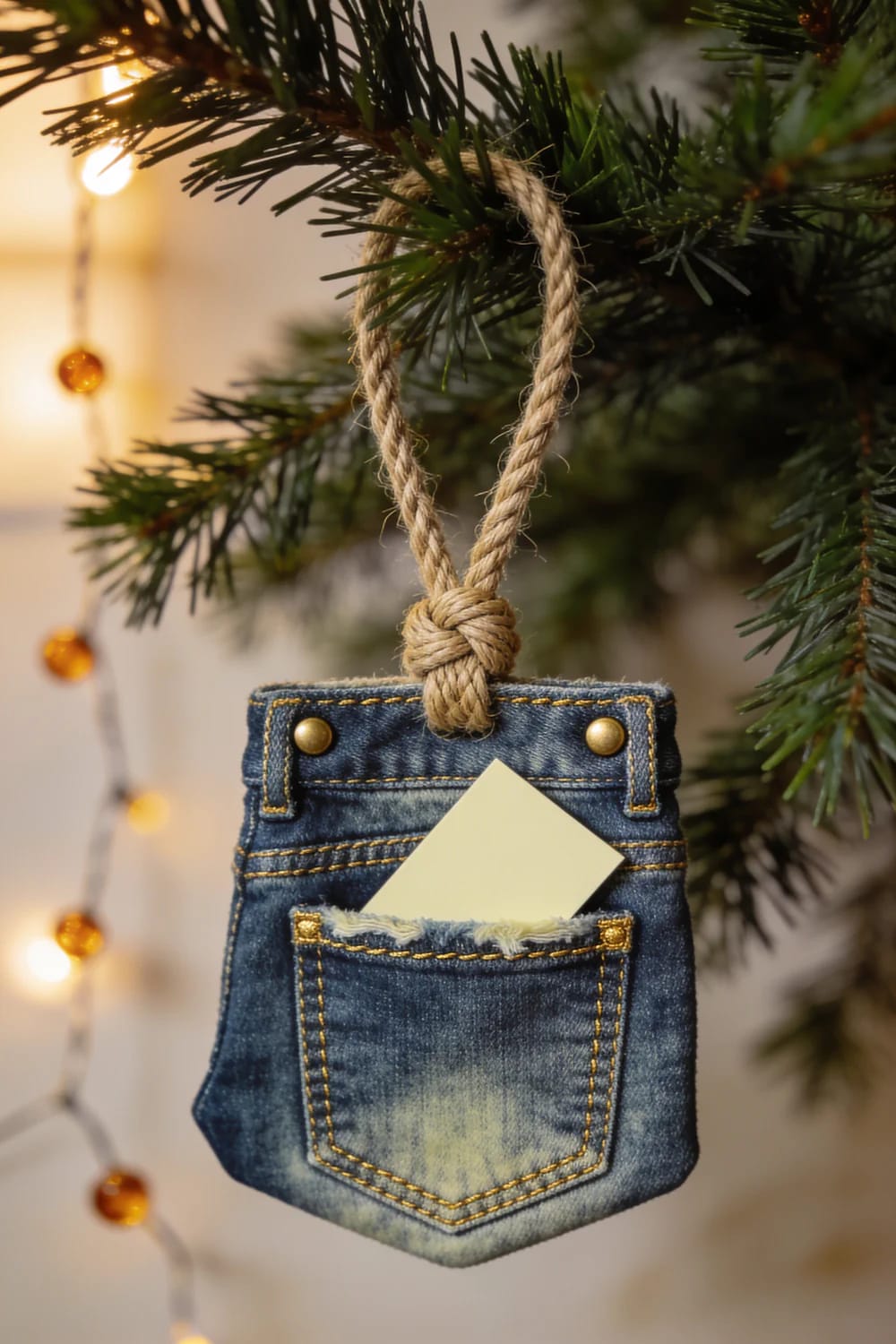 Jean Pocket Gift Card Holder Tree Ornament A denim jean pocket gift card holder hangs as a tree ornament from a thick rope loop on an evergreen branch, with a cream card tucked into the front pocket and warm string lights in the background.