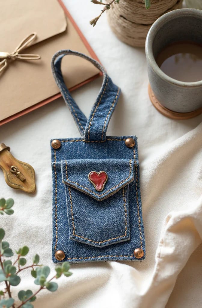 Jean Pocket Gift Card Holder With Belt Loop A denim luggage-tag holder with a belt-loop strap, stitched pocket, metal studs, and a red heart detail, shown beside a cup and wrapped gift on a light fabric surface.