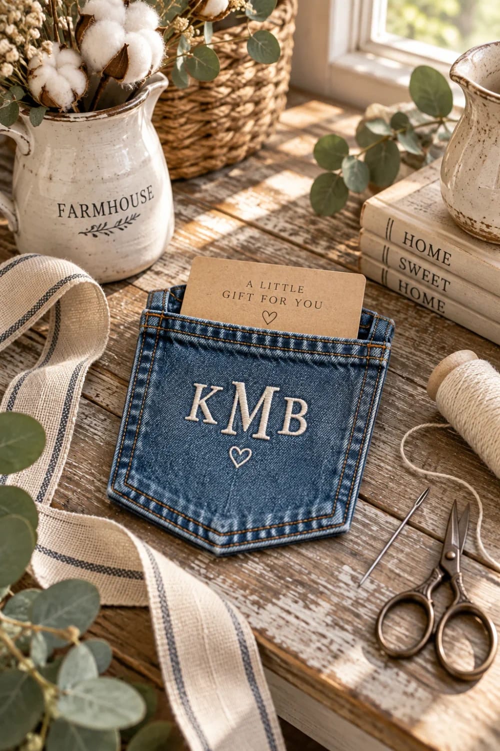 Jean Pocket Gift Card Holder With Initials A blue jean pocket gift card holder with cream stitched initials KMB and a heart, holding a kraft card that reads “A Little Gift for You” on a rustic wooden table