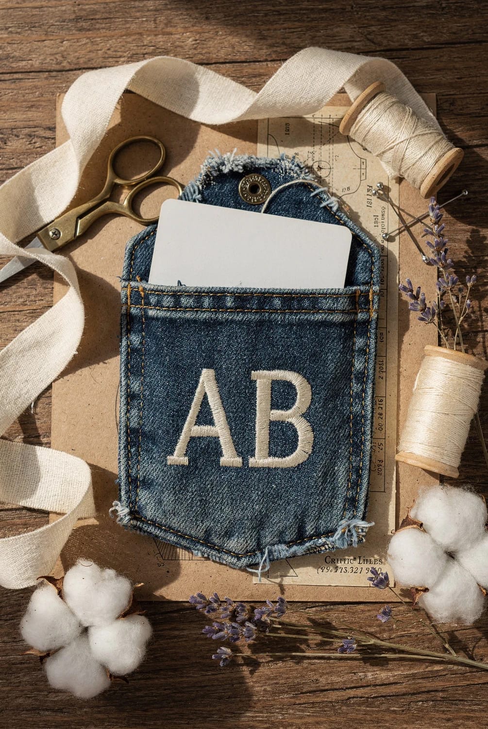 Jean Pocket Gift Card Holder With Initials A denim jean pocket gift card holder with the initials AB stitched in cream thread, holding a blank white card and arranged on a wooden surface with sewing supplies.