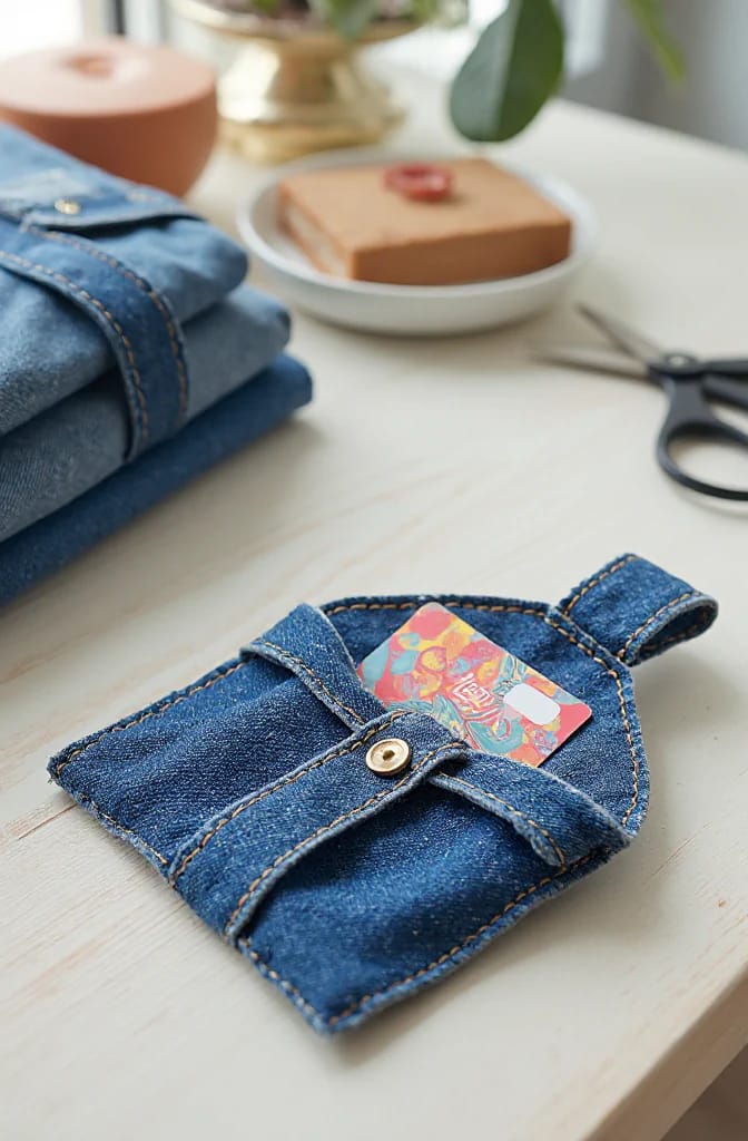Jean Pocket Gift Card Holder With Snap Closure A handmade blue denim gift card holder with a snap closure and colorful card visible inside, placed on a light table beside folded jeans and scissors.