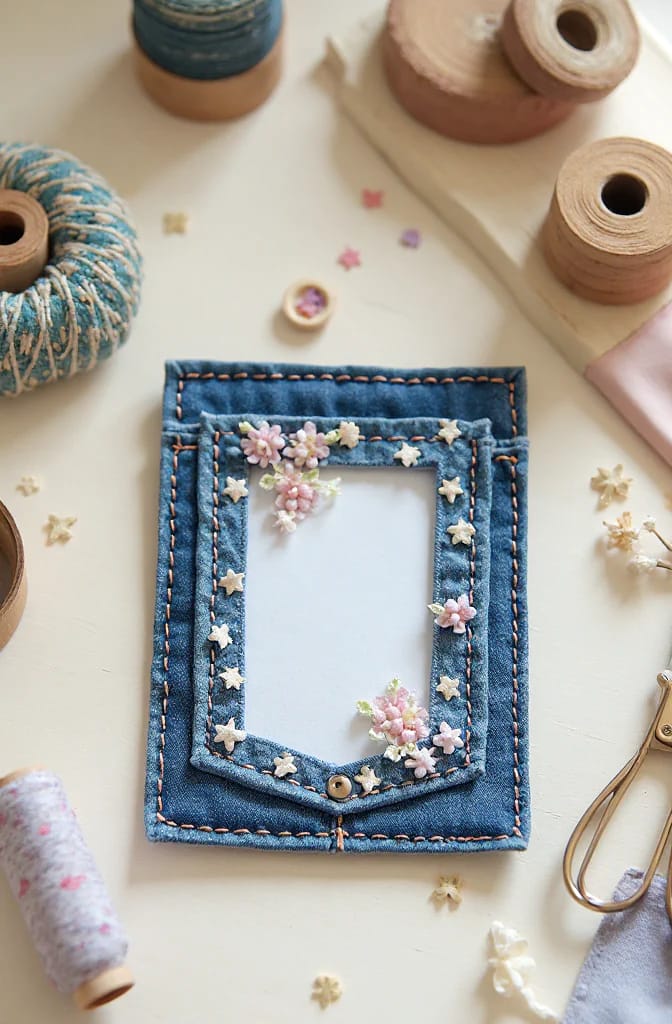 Jean Pocket Gift Card Holder With Vinyl Window Decorative denim jean pocket gift card holder with orange stitching, a clear rectangular vinyl window, a button closure, and small pink and white floral embellishments on a craft table