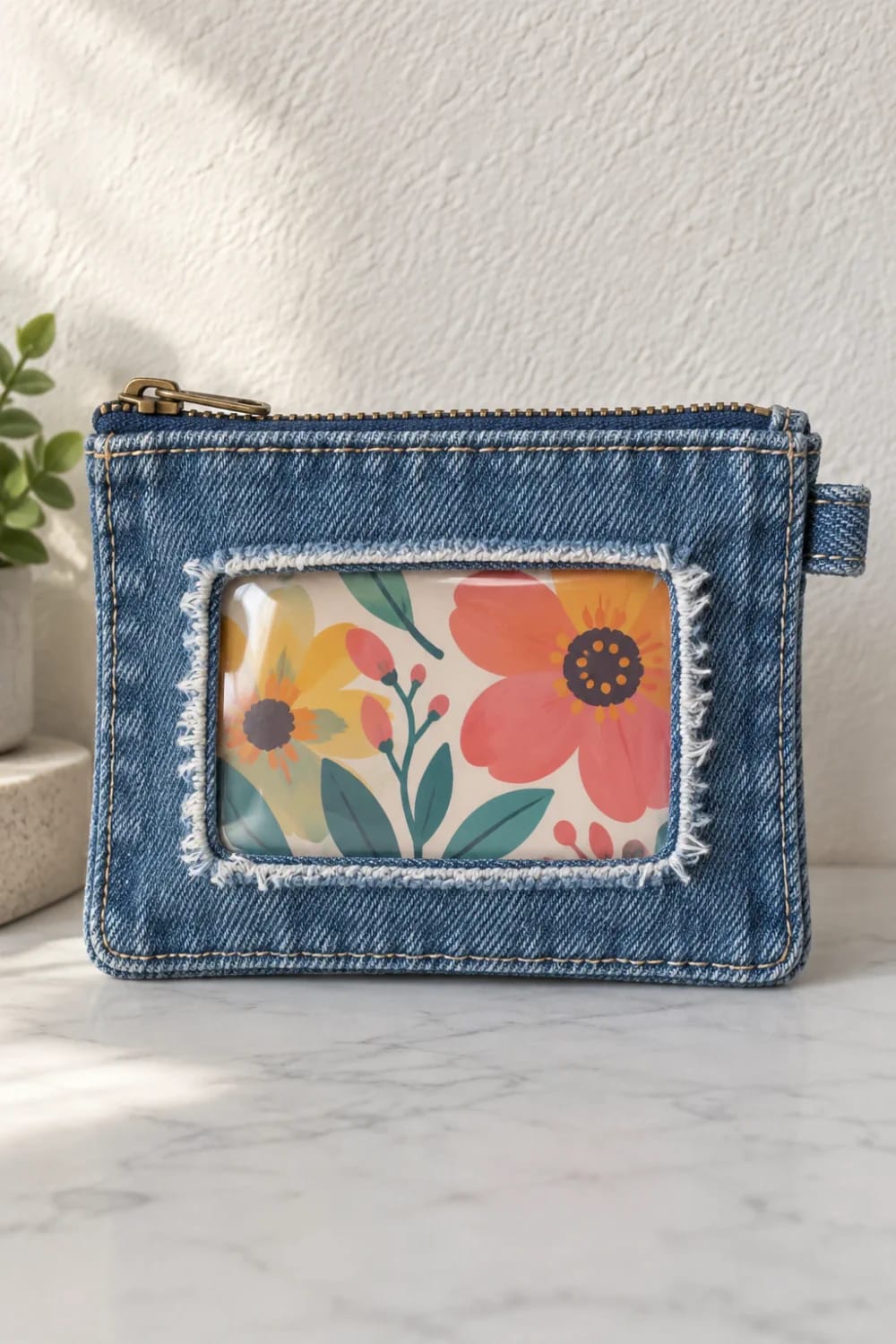 Jean Pocket Gift Card Holder With Vinyl Window A blue denim zippered pouch with a fringed clear vinyl window displaying a colorful floral card, illustrating a jean pocket gift card holder idea