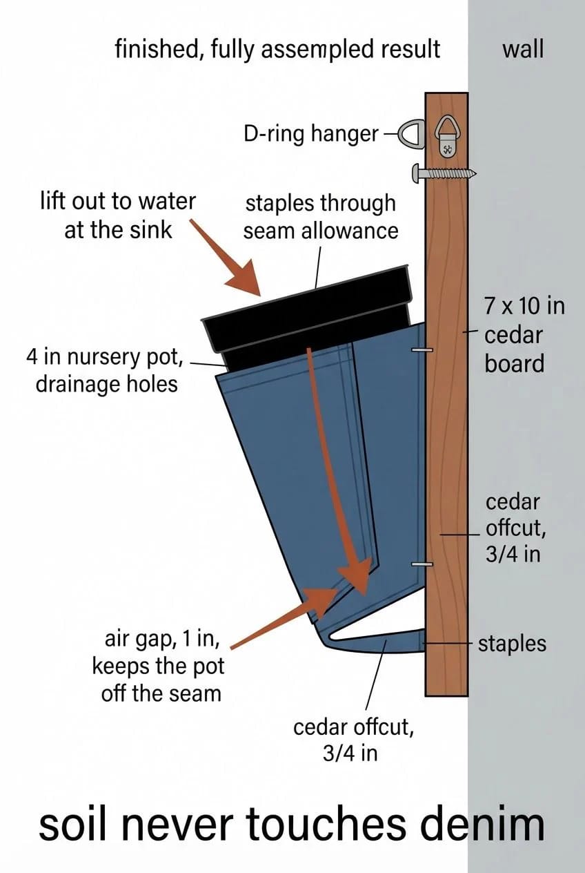 Jean Pocket Planter Cedar Mounting Diagram Annotated diagram of a hanging jean pocket planter showing a blue denim pocket holding a black 4-inch nursery pot, mounted to cedar boards with a D-ring hanger, staples, drainage space, and a lift-out design for watering.