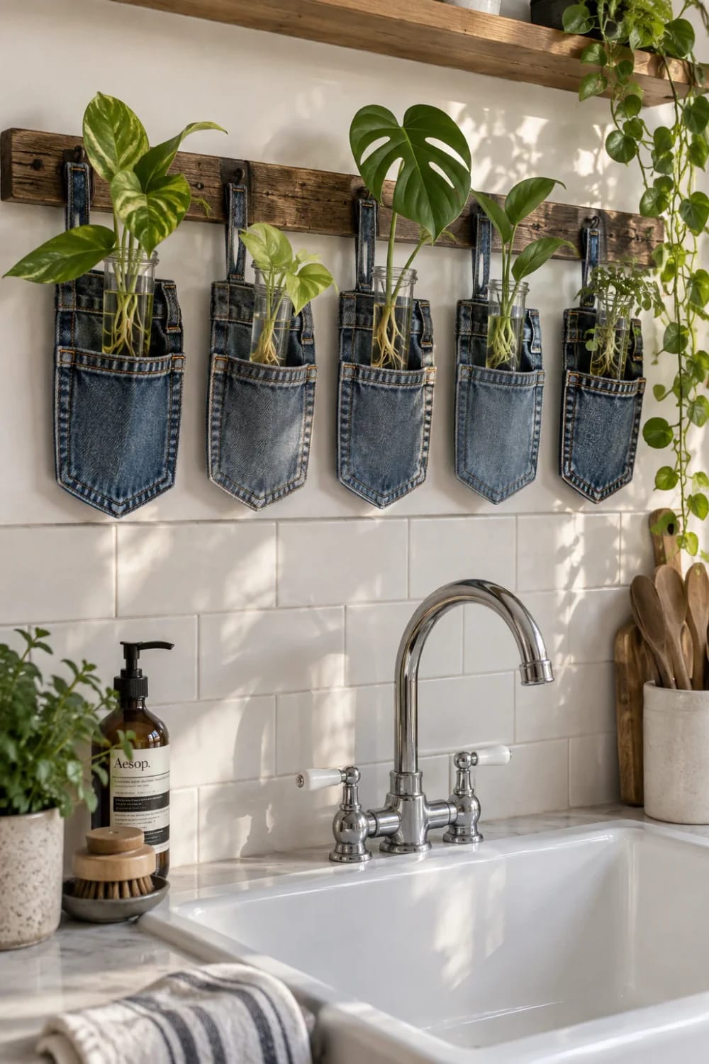 Jean Pocket Planter Propagation Station Five denim jean pockets hang on a wooden rail above a kitchen sink, each holding a glass jar with plant cuttings and visible roots.