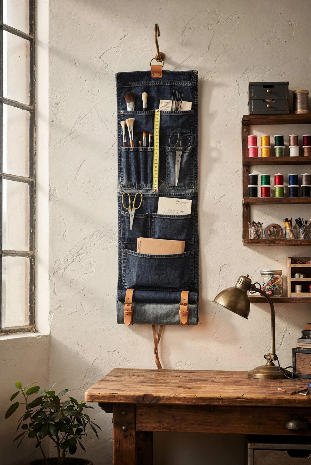Jean Pocket Wall Organizer For Creative Supplies Dark denim jean pocket wall organizer hanging from a hook, with brushes, scissors, ruler, cards, fabric, and other craft supplies stored in its pockets above a wooden worktable