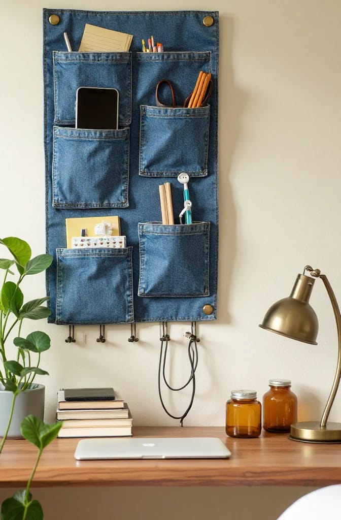 Jean Pocket Wall Organizer For Desk Clutter A denim wall organizer with multiple pockets holds stationery, a tablet, pencils, notebooks, and craft supplies above a desk with a laptop, books, lamp, plant, and jars.