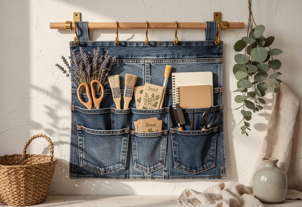 Jean Pocket Wall Organizer Ideas Worth the Wall Space 1 A denim jean pocket wall organizer hangs from a wooden rod, holding scissors, paintbrushes, seed packets, a notebook, and gardening tools beside a trailing plant