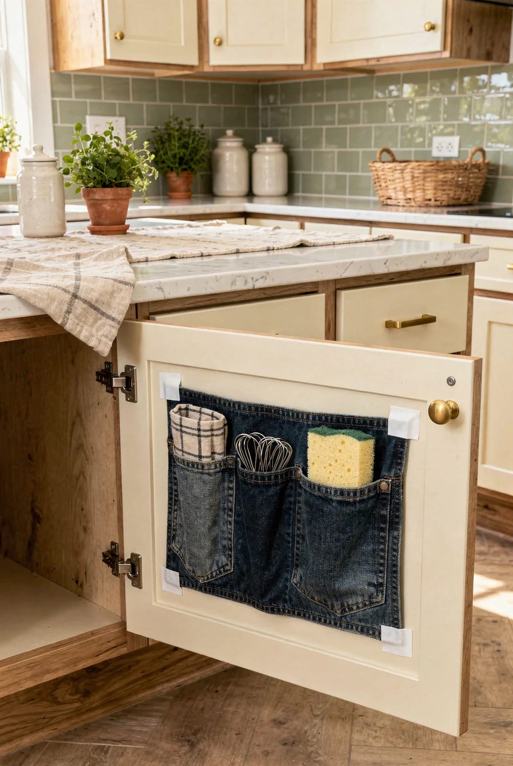 Jean Pocket Wall Organizer For No-Drill Storage A denim pocket organizer is attached to the inside of an open kitchen cabinet door with white adhesive tabs, holding a cloth, wire whisk, and sponge.