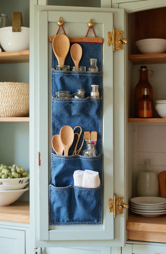 Jean Pocket Wall Organizer For No-Drill Storage Blue denim pocket organizer hangs on the inside of a cabinet door, holding wooden spoons, small jars, utensils, bottles, and folded white towels for no-drill storage.