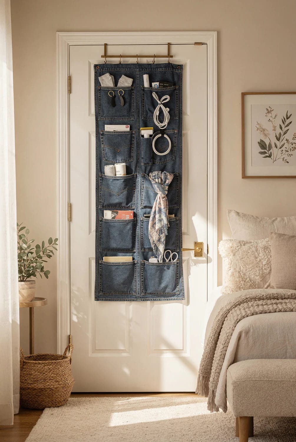 Jean Pocket Wall Organizer For No-Drill Storage Denim jean pocket wall organizer hanging over a bedroom door with hooks, holding small clothing items, cards, cables, scissors, and a scarf; a no-drill storage idea.