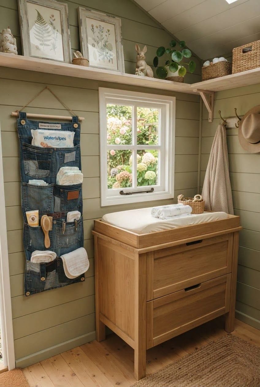 Jean Pocket Wall Organizer For Nursery Storage A denim pocket wall organizer holds wipes, diapers, brushes, and small baby-care items beside a wooden changing table in a cozy nursery.