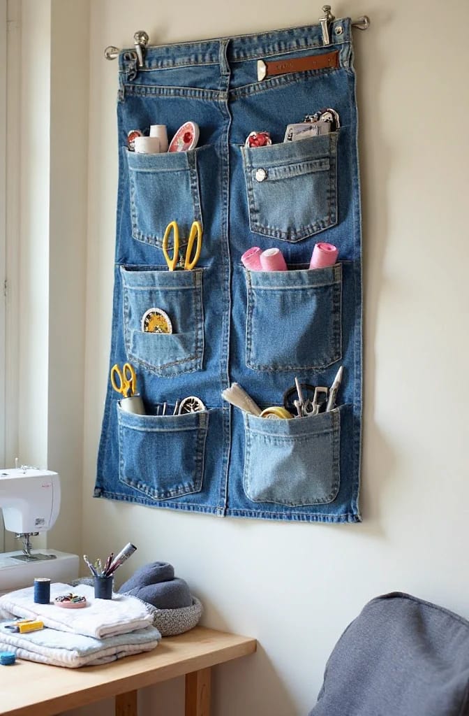 Jean Pocket Wall Organizer For Sewing Rooms Blue denim jeans repurposed as a wall organizer with multiple pockets holding scissors, thread spools, sewing tools, and craft supplies above a sewing table