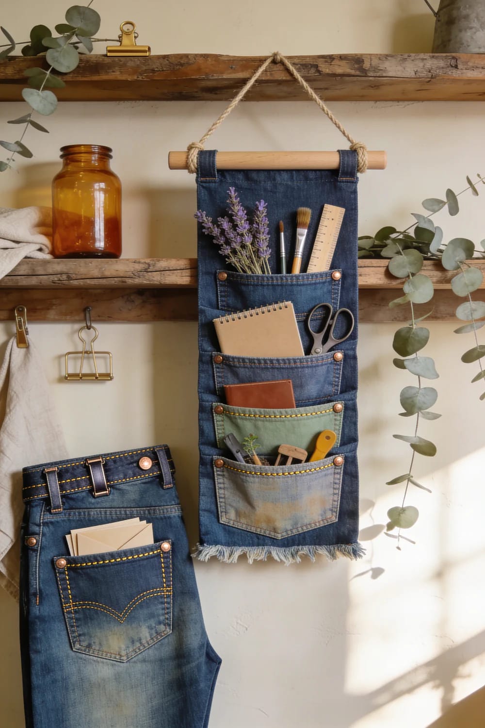 Jean Pocket Wall Organizer Ideas Two denim wall organizers hang from rustic wooden shelves, with multiple pockets holding brushes, scissors, notebooks, envelopes, and small tools.