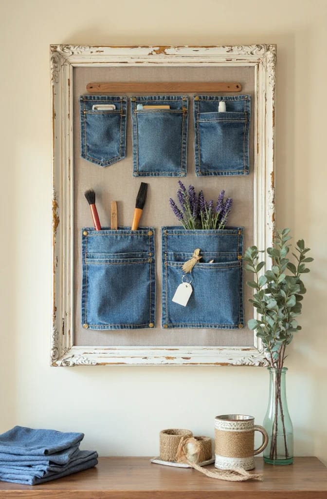 Jean Pocket Wall Organizer Ideas Framed jean pocket wall organizer with five denim pockets holding brushes, lavender, and small items