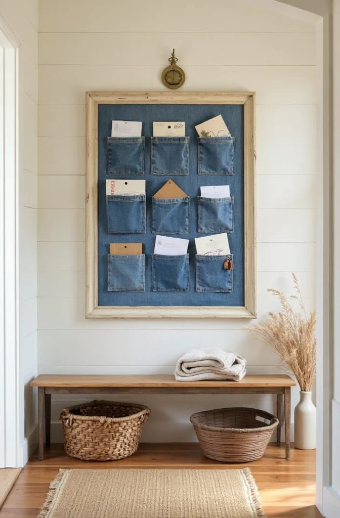 Jean Pocket Wall Organizer Ideas Framed jean pocket wall organizer with nine denim pockets holding envelopes and papers, mounted above a wooden console table in an entryway