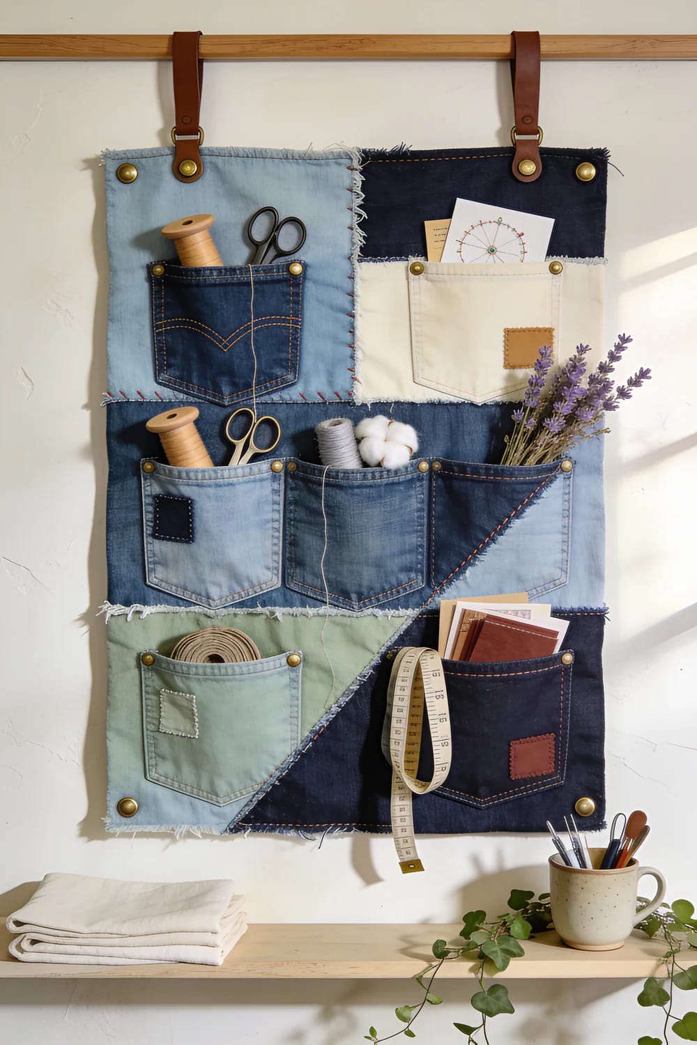 Jean Pocket Wall Organizer Ideas Patchwork jean pocket wall organizer hanging from a wooden rod, with multiple denim pockets holding scissors, thread, fabric, cards, a measuring tape, lavender, and craft tools