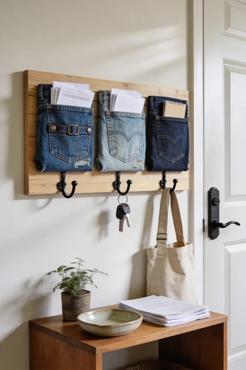 Jean Pocket Wall Organizer Ideas Wood wall organizer with three denim jean pockets holding papers and a notebook, plus hooks for keys and a canvas tote beside a door