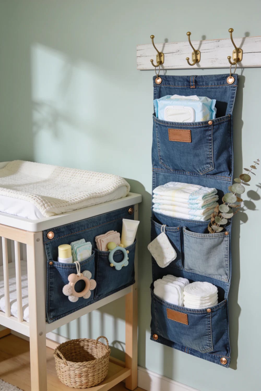 Jean Pocket Wall Organizer Ideas For Nursery Storage A denim jean pocket wall organizer hangs beside a changing table, holding diapers, wipes, cloths, and baby supplies in multiple pockets.