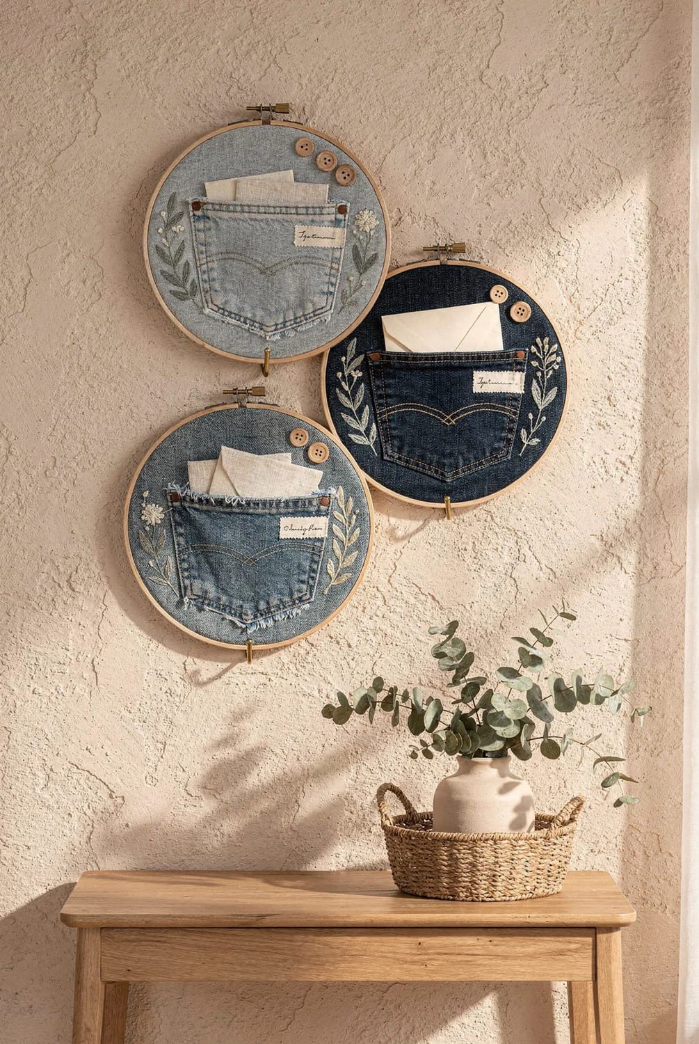 Jean Pocket Wall Organizer Ideas In Round Hoops Three round embroidery hoops display embroidered denim jean pockets as wall organizers, with envelopes tucked inside, above a wooden console table holding a woven basket and potted eucalyptus.