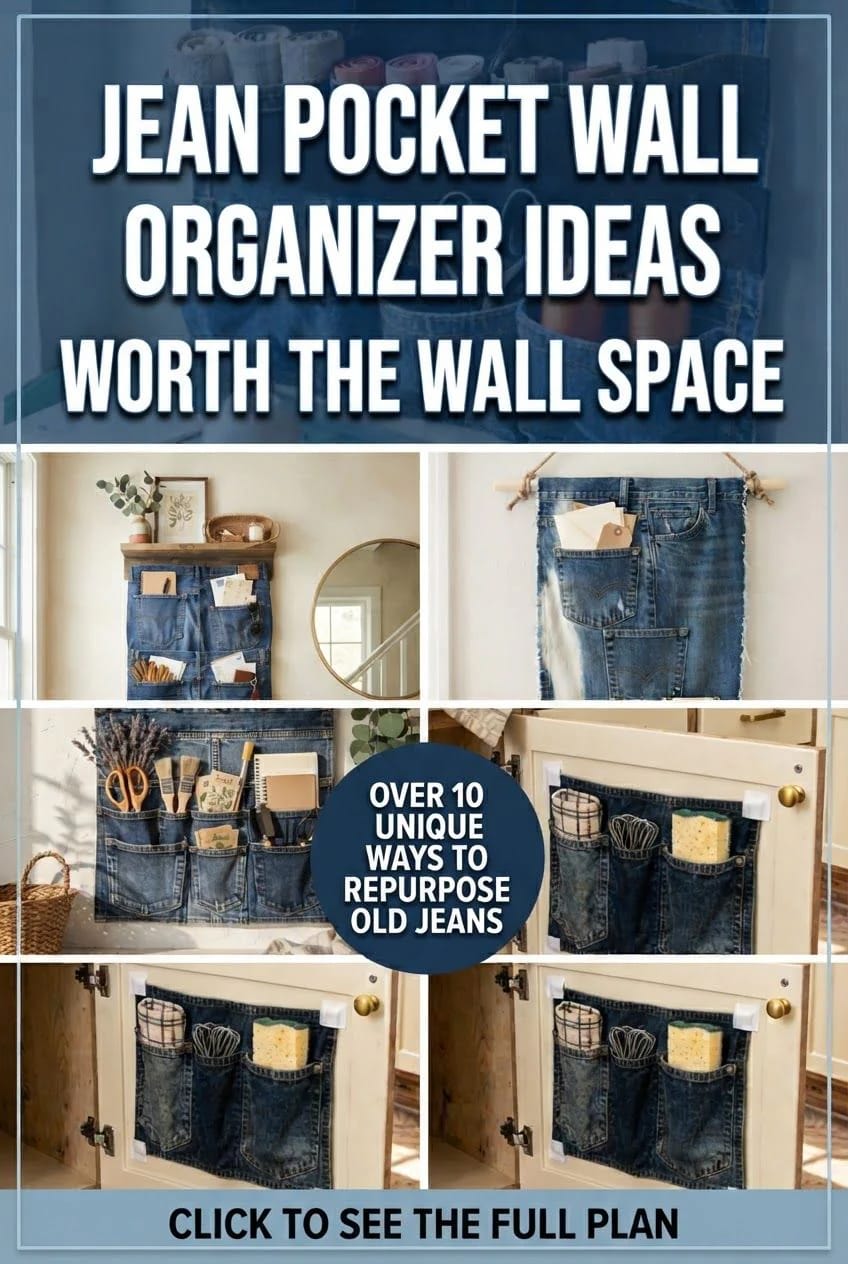 Jean Pocket Wall Organizer Ideas Collage showing jean pocket wall organizer ideas, including denim pockets mounted on walls and cabinet doors to hold small household items, with text promoting ways to repurpose old jeans