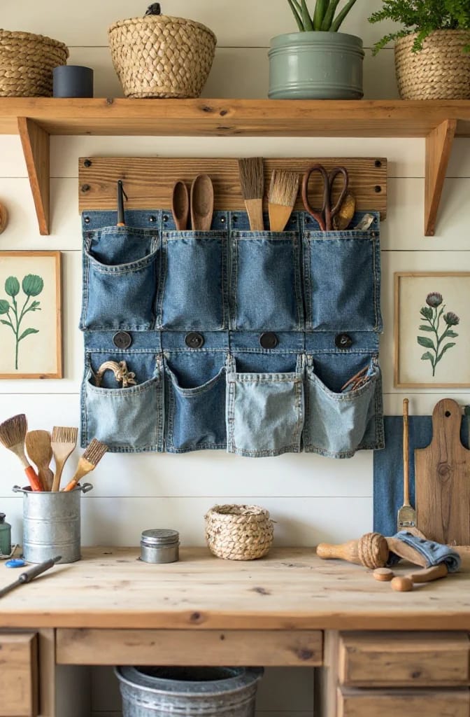 Jean Pocket Wall Organizer With Wooden Backing Wall-mounted jean pocket organizer with multiple denim pockets attached to a wooden backing, holding brushes, spoons, scissors, and other small tools above a wooden workbench.