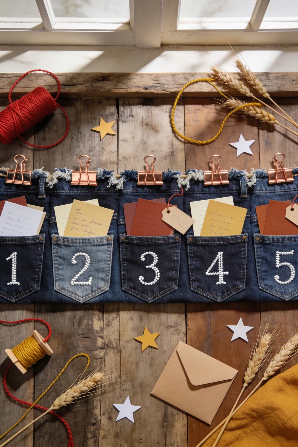 Numbered Jean Pocket Gift Card Holder A row of five numbered denim pockets holds cards and tags on a rustic wooden surface, with clips, colored twine, paper stars, wheat stems, and an envelope nearby for a jean pocket gift card holder idea