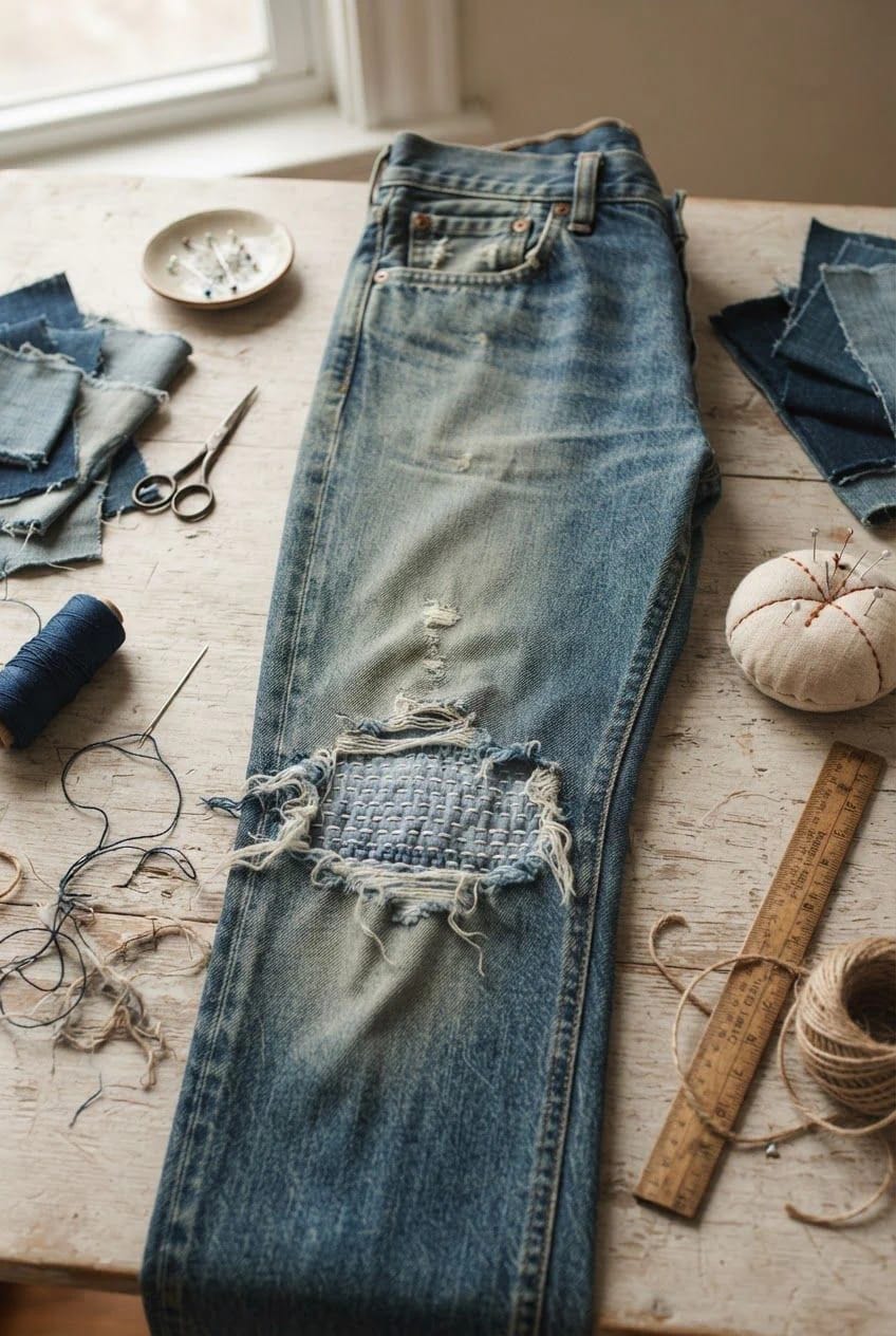 Sashiko Mending On Distressed Jeans Distressed blue jeans with a frayed knee slit reinforced by a rectangular Sashiko-style stitched patch, surrounded by fabric scraps, scissors, thread, a pincushion, and a ruler on a worktable