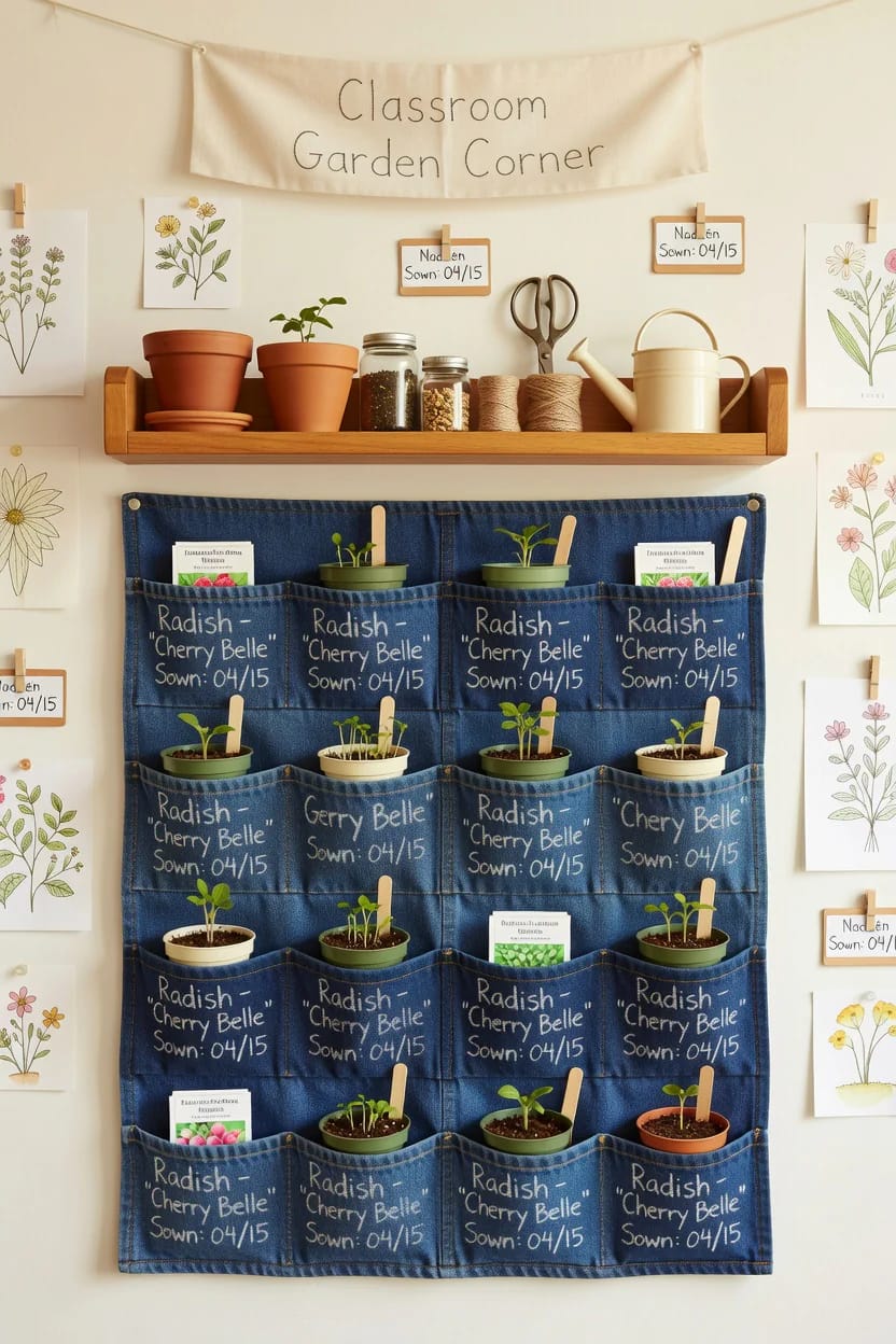 Seed-Starting Pocket Chart For Classroom Wall A denim pocket chart hangs on a classroom wall beneath a Classroom Garden Corner banner, holding small potted seedlings, seed packets, and labeled pockets marked Radish Cherry Belle and Sown: 04/15. A shelf with gardening supplies and botanical drawings surround the chart.