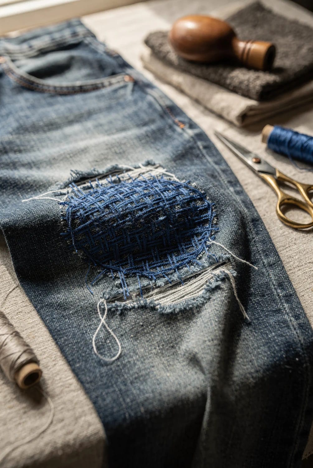 Single-Color Woven Darning On Jeans Close-up of blue jeans with a single-color blue woven darn covering a torn knee, surrounded by thread spools, scissors, and sewing tools.