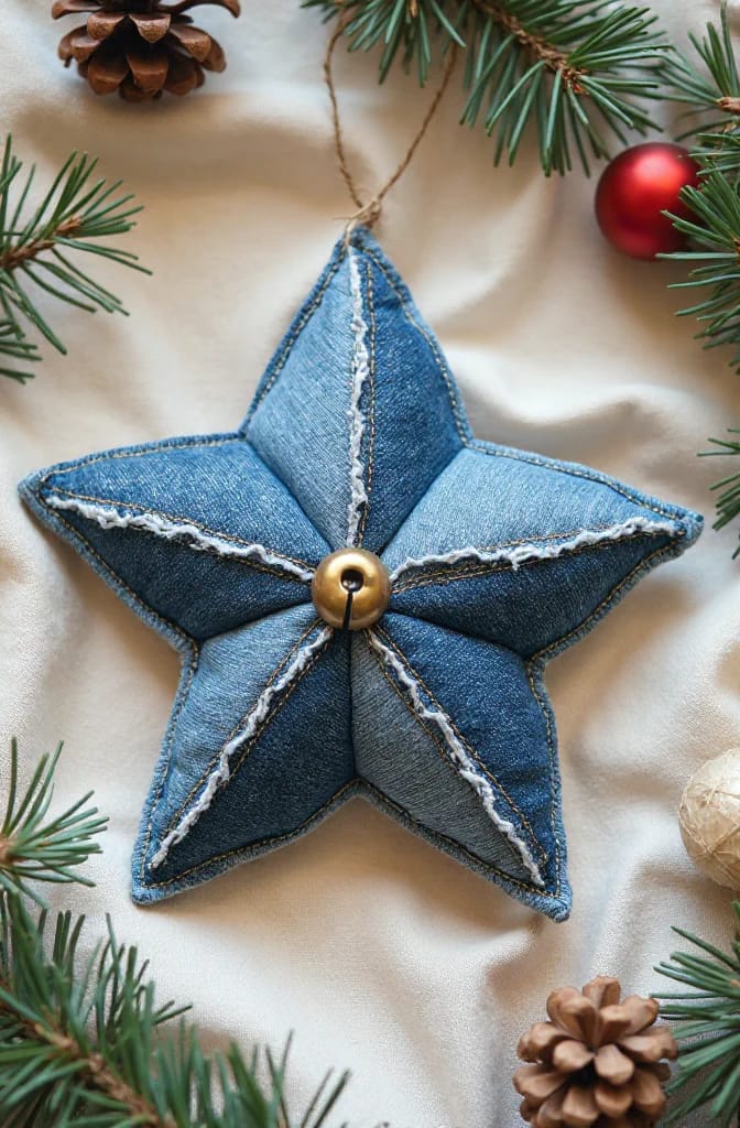 Six-Point Denim Fabric Star Ornament Stuffed six-point denim fabric star ornament made from old jeans, decorated with stitched edges and a small gold button at the center, surrounded by evergreen branches and pinecones.