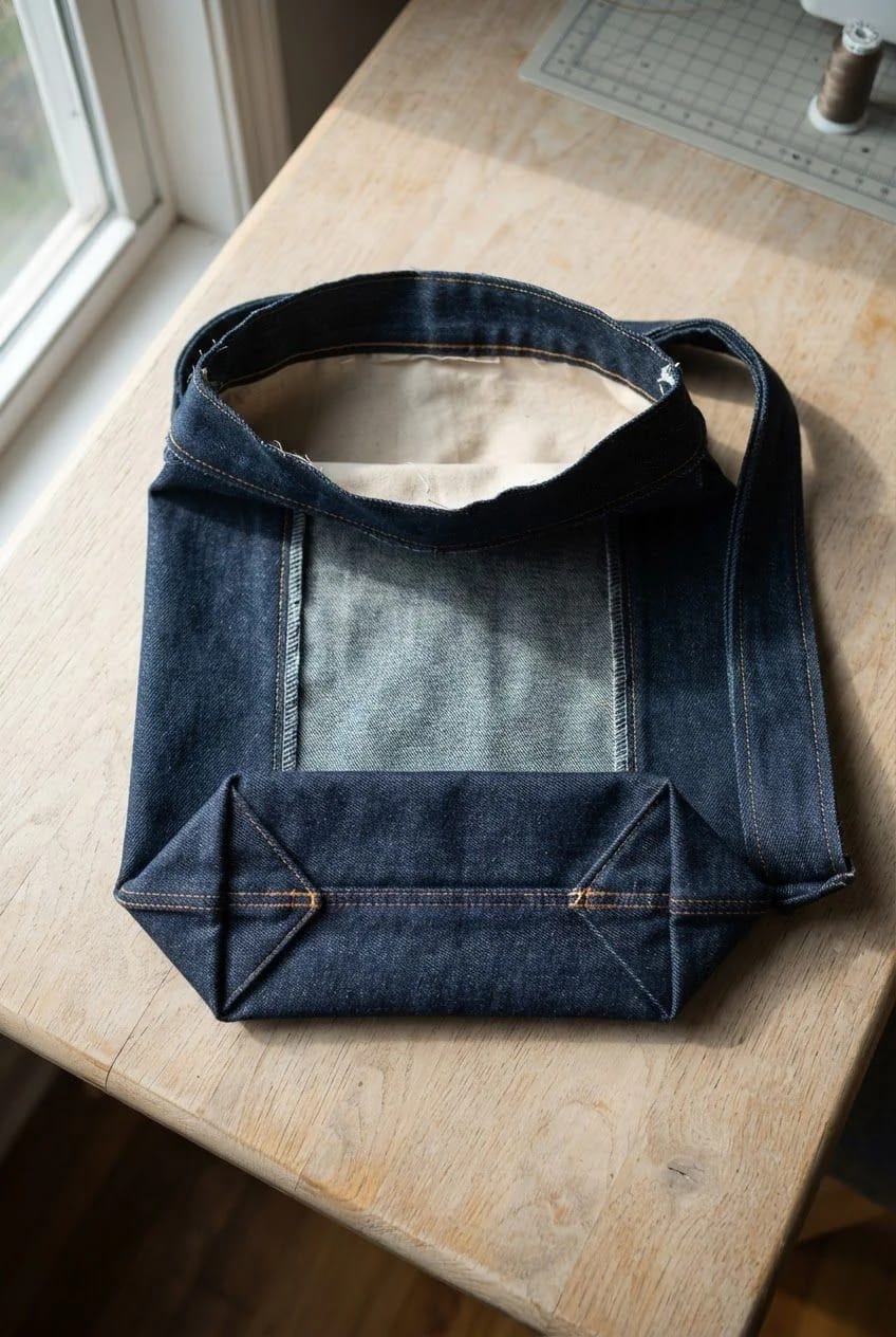 Upcycled Jeans Messenger Bag Boxed Corners Partially assembled upcycled jeans messenger bag on a wooden table, showing stitched denim sides, an open top, shoulder strap, and boxed bottom corners
