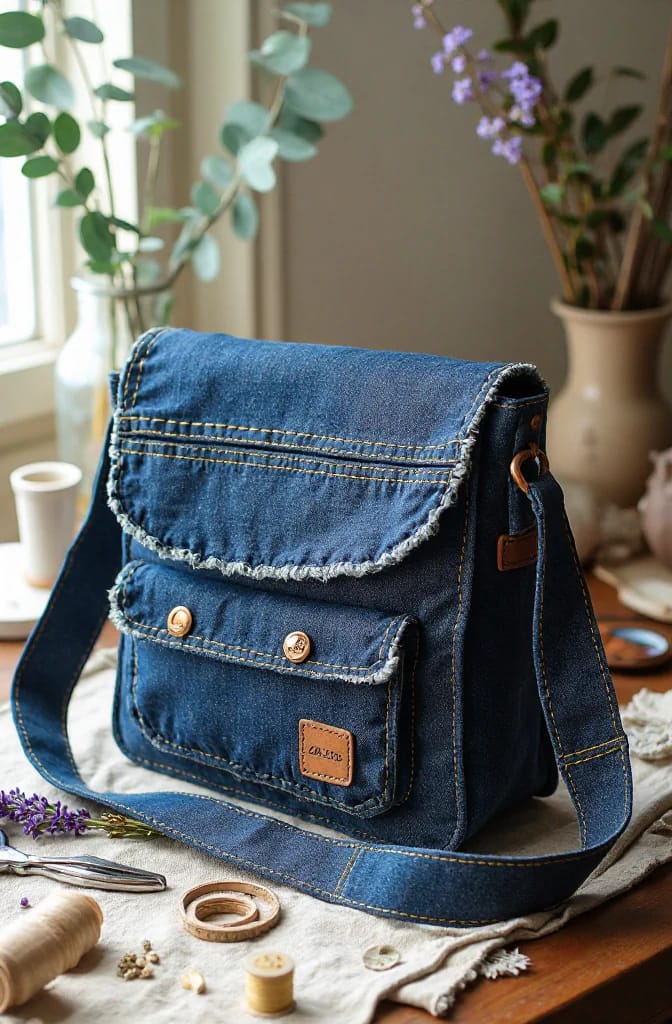 Upcycled Jeans Messenger Bag Design Blue denim messenger bag made from upcycled jeans, featuring a flap with yellow stitching, a front pocket, metal buttons, a shoulder strap, and a small leather label on a craft table