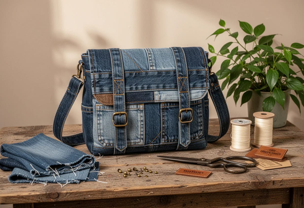 How to Make an Upcycled Jeans Messenger Bag From Old Denim 1 A blue patchwork upcycled jeans messenger bag with a flap, shoulder strap, pockets, and buckle details sits on a wooden table beside denim pieces, thread spools, scissors, metal studs, and leather tags.