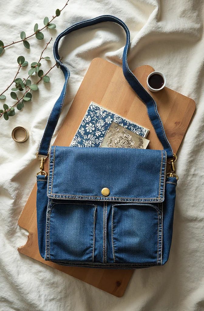 Upcycled Jeans Messenger Bag From Old Denim Finished blue denim messenger bag with a flap, front pockets, adjustable strap, and brass hardware resting on a wooden board, illustrating the upcycled jeans bag project