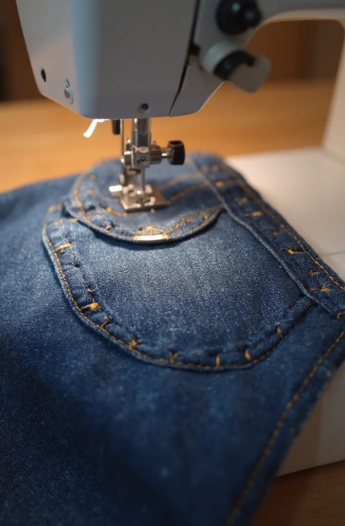 Upcycled Jeans Messenger Bag Front Pocket Close-up of a sewing machine stitching the rounded front pocket and flap onto blue denim for an upcycled jeans messenger bag