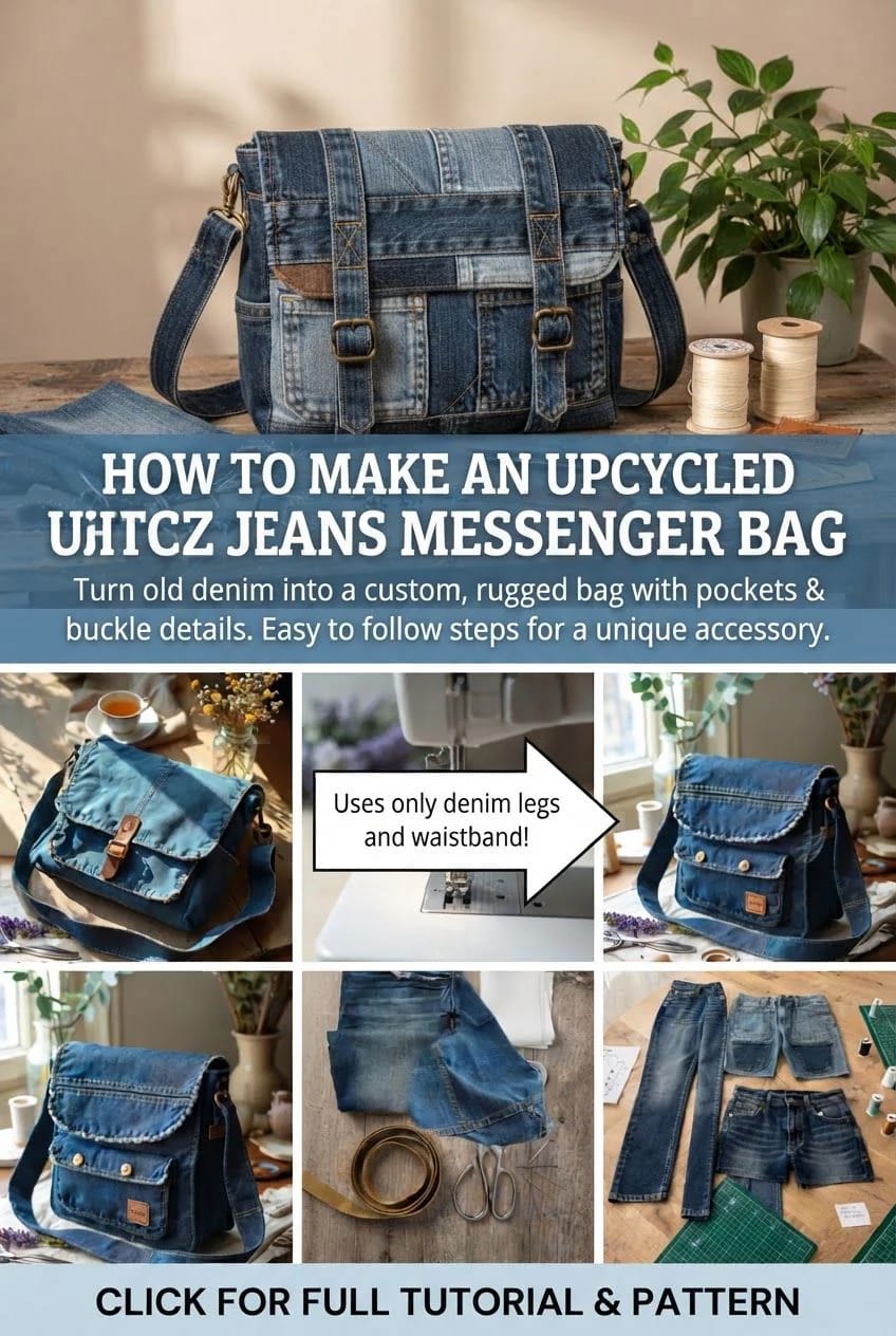 Upcycled Jeans Messenger Bag Tutorial Collage showing a handmade upcycled jeans messenger bag with pockets, straps, buckles, and flap, along with denim pieces, sewing materials, and tutorial text.