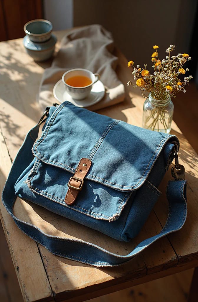 Upcycled Jeans Messenger Bag With Strap Finished upcycled jeans messenger bag made from blue denim, featuring a long shoulder strap, flap closure with a brown buckle, and visible topstitching on a wooden table