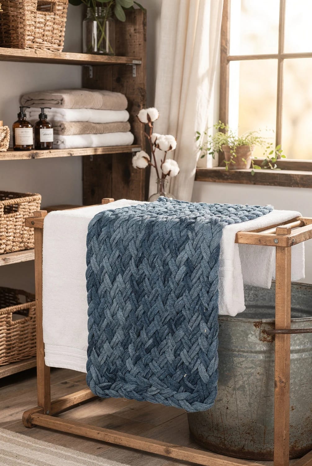 A braided blue denim rag rug made from old jeans hangs over a wooden drying rack, with white towels, woven baskets, soap bottles, and plants nearby, illustrating gentle washing and drying for a denim rag rug