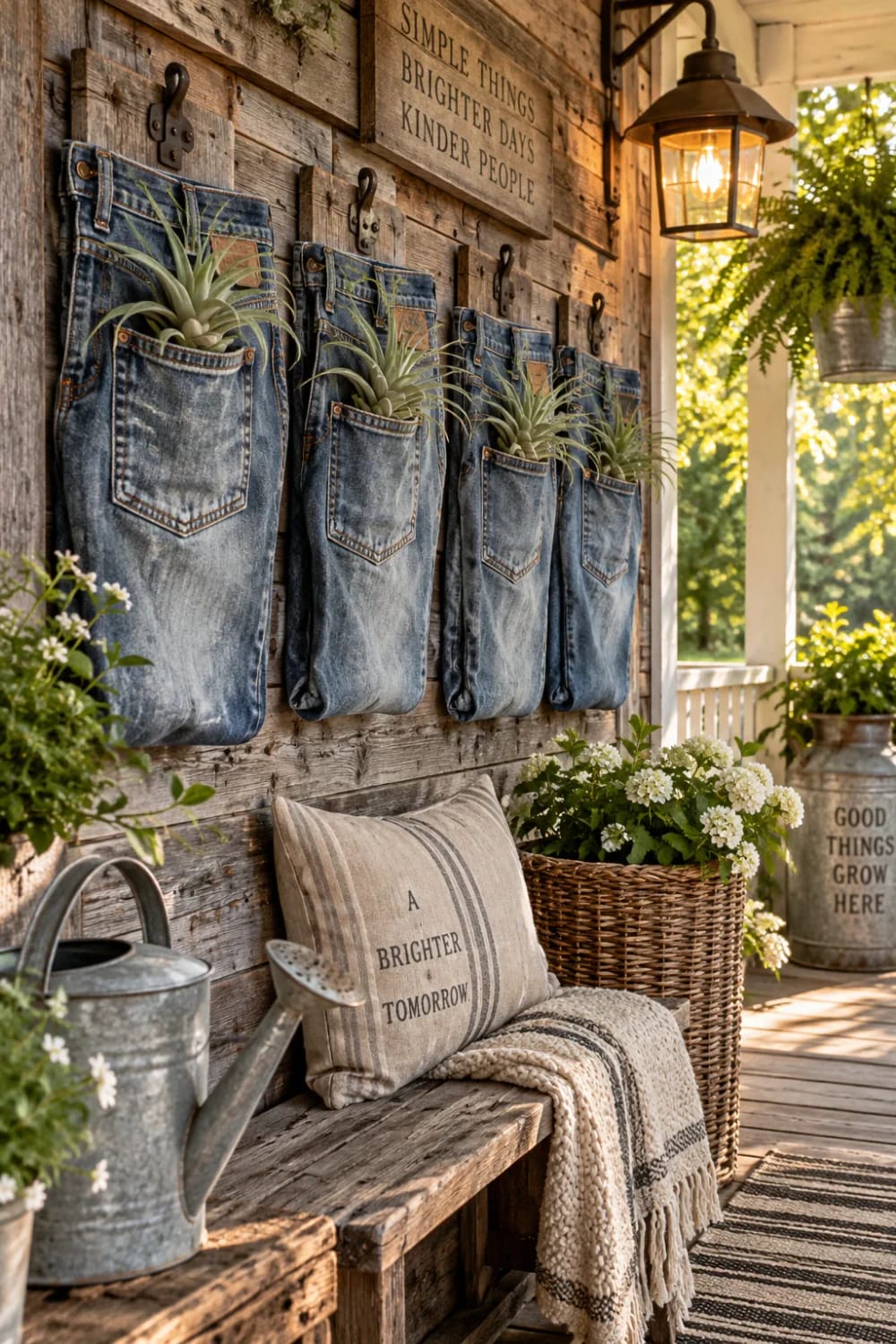 Watch-Pocket Air Plant Planters Four hanging denim jean pockets mounted on a rustic wooden wall, each holding a soil-free air plant as a watch-pocket planter idea