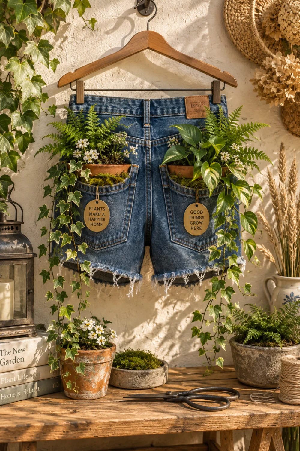 Whole-Jeans Hanging Pocket Planter A pair of denim jeans cut into shorts hangs from a wooden hanger, with potted greenery and flowers tucked into the back pockets as a hanging jean pocket planter.